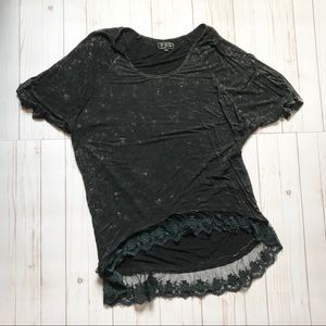POL Black Mineral Wash Tunic Tee Lace Hem